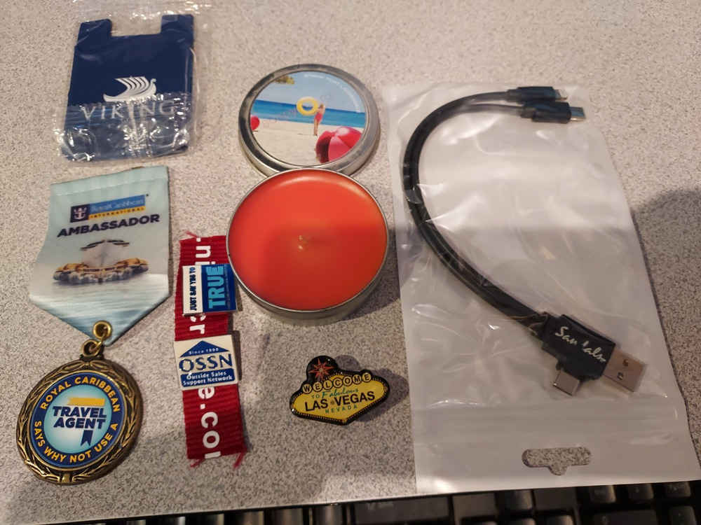 Assorted Travel Agent Items - Pins Awards New Candle OSSN pin Las Vegas pin etc